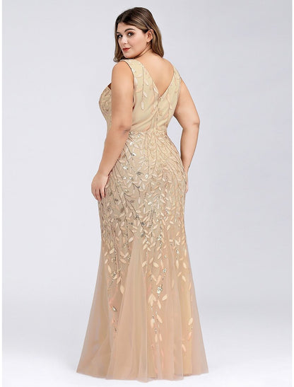 Mermaid / Trumpet Plus Size Sexy Prom Formal Evening Dress V Neck Sleeveless Floor Length Tulle with Appliques