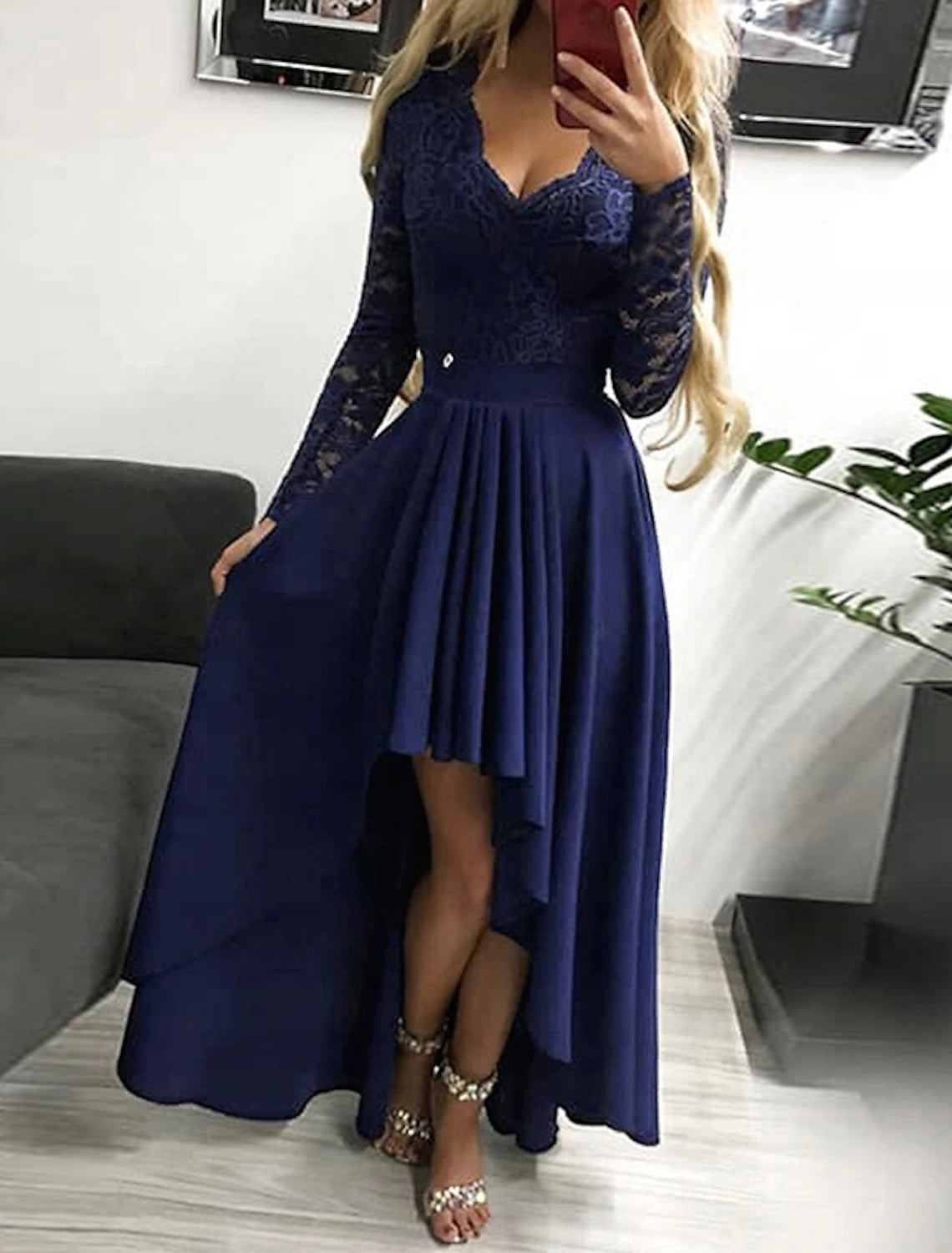 A-Line Prom Dresses Elegant Dress Asymmetrical Long Sleeve V Neck Fall Wedding Guest Polyester with Pure Color