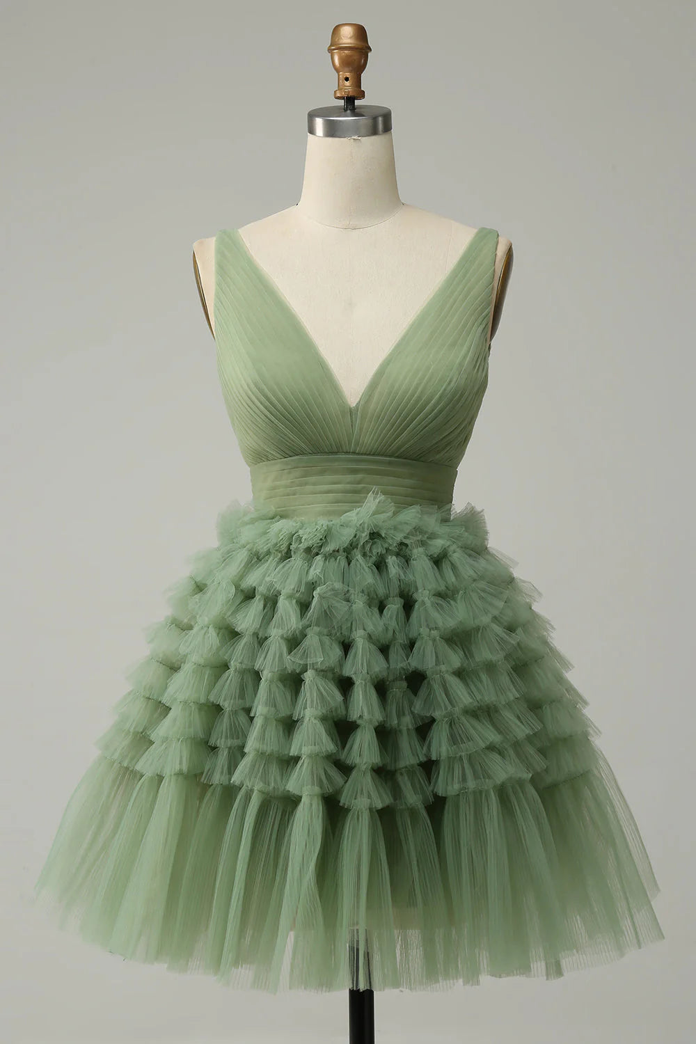 Amzcw Green A Line V-Neck Short Tulle Homecoming Dress With Open Back