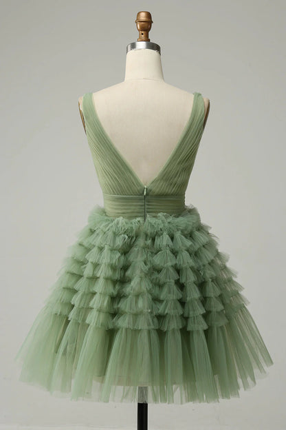 Amzcw Green A Line V-Neck Short Tulle Homecoming Dress With Open Back