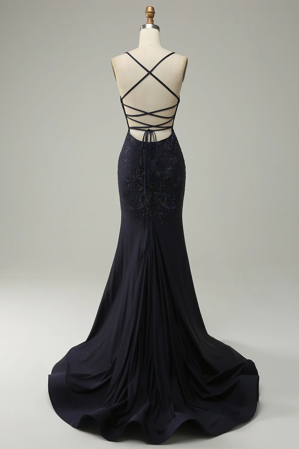 Navy Spaghetti Straps Beaded Mermaid Prom Dress with Split