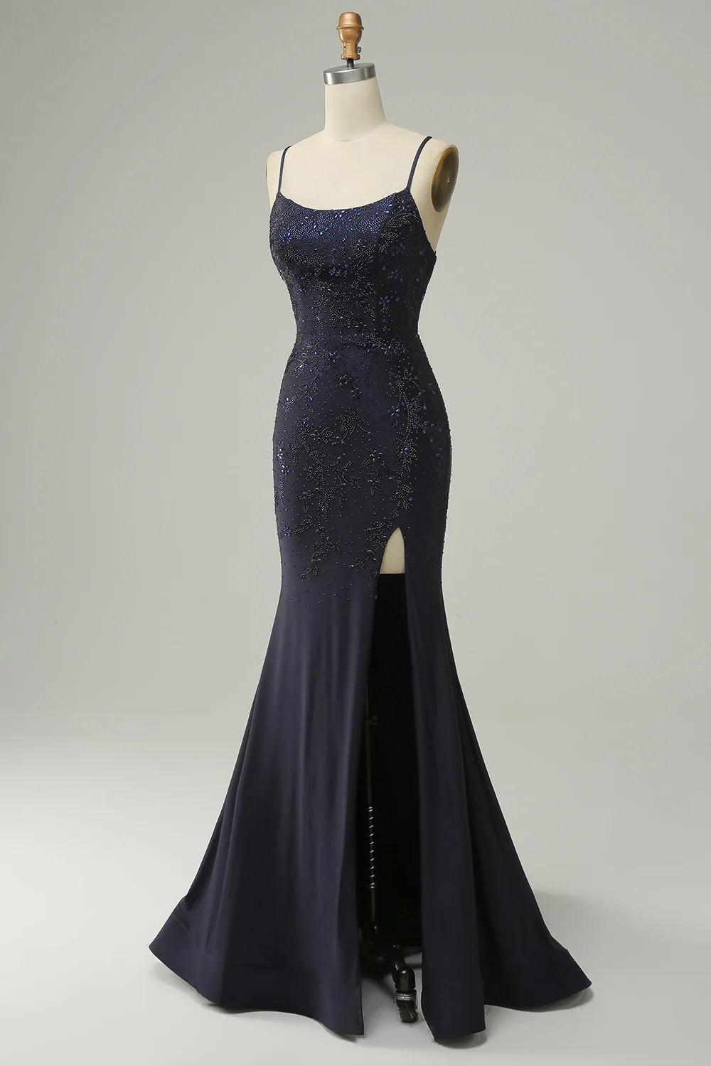 Navy Spaghetti Straps Beaded Mermaid Prom Dress with Split