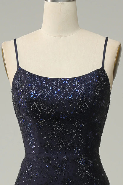 Navy Spaghetti Straps Beaded Mermaid Prom Dress with Split