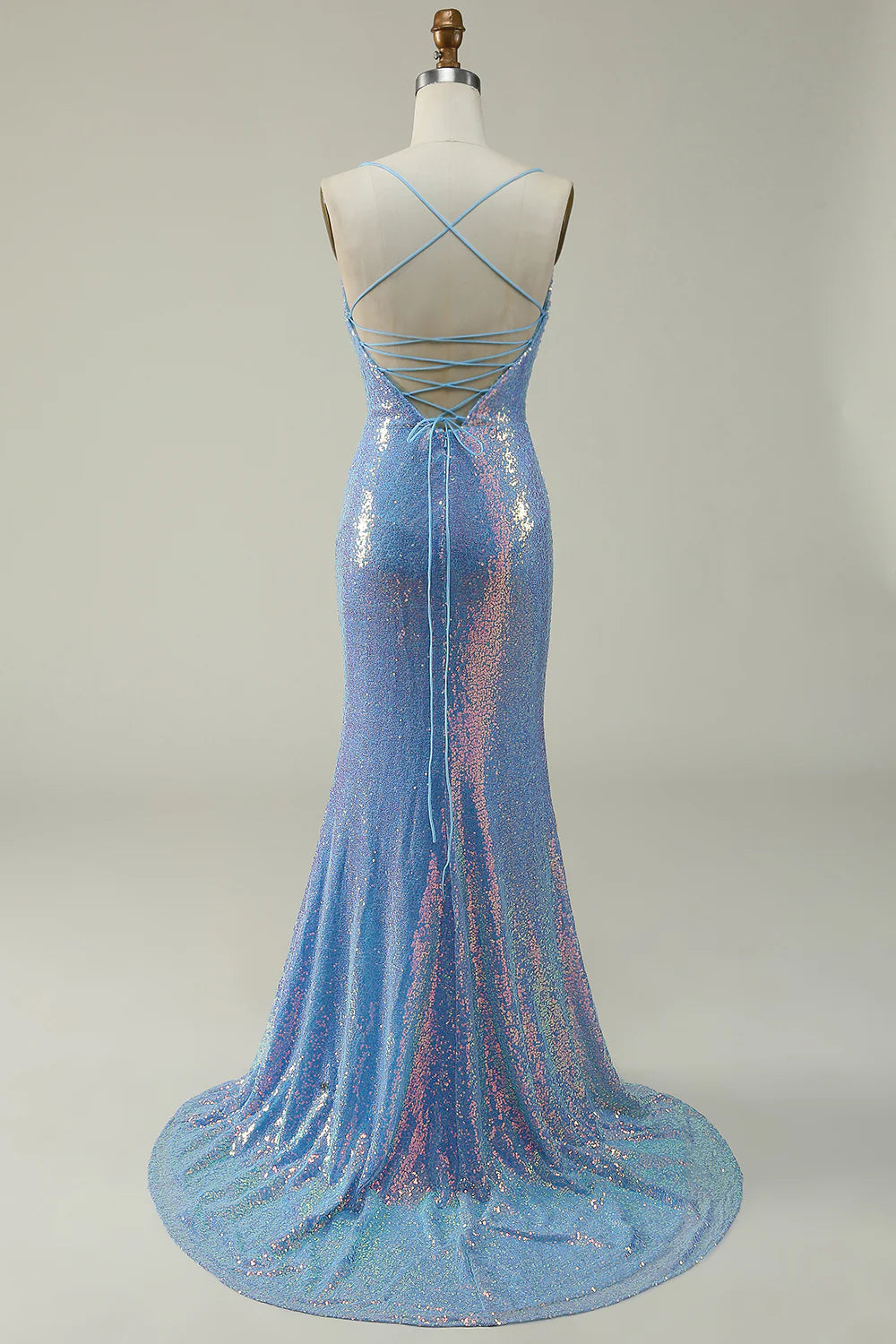 Amzcw Blue Sequined Spaghetti Straps Mermaid Prom Dress