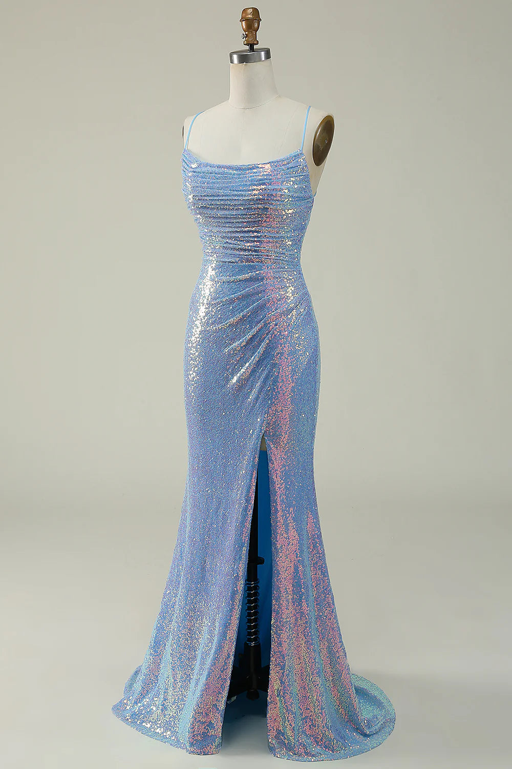 Amzcw Blue Sequined Spaghetti Straps Mermaid Prom Dress