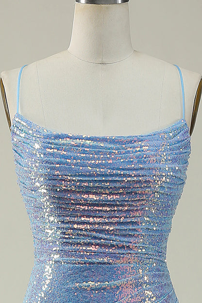 Amzcw Blue Sequined Spaghetti Straps Mermaid Prom Dress