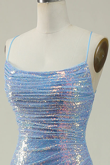 Amzcw Blue Sequined Spaghetti Straps Mermaid Prom Dress