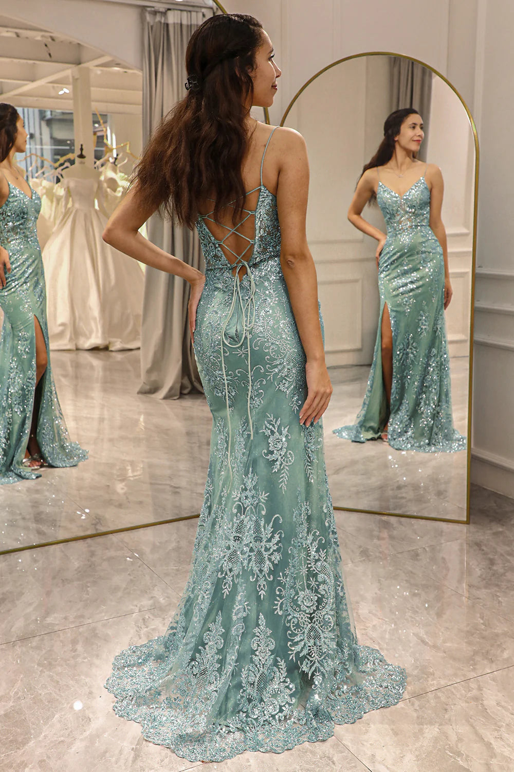 Amzcw Green Mermaid Spaghetti Straps Long Prom Dress with Split Front prom dresses with long sleeves