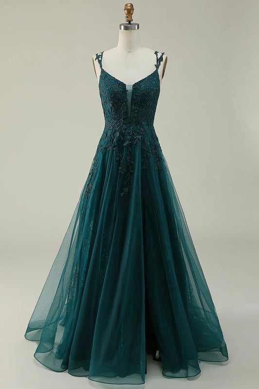 Amzcw A Line Spaghetti Straps Dark Green Long Prom Dress with Appliques