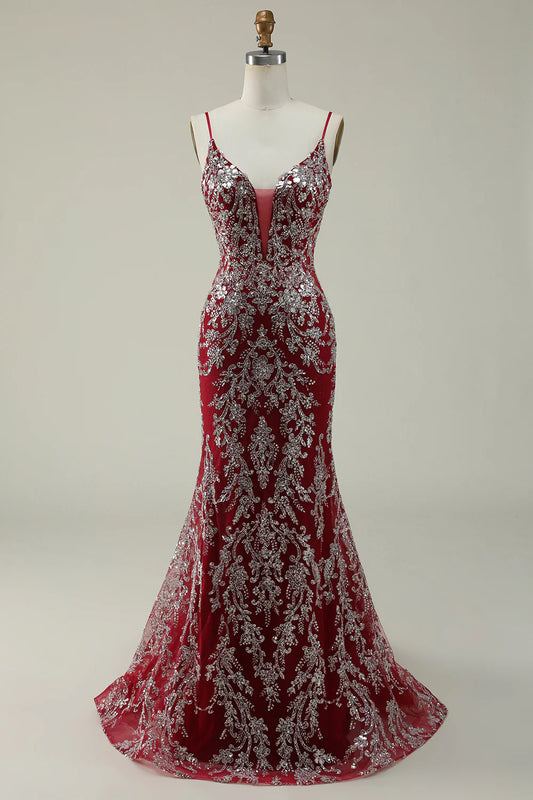 Amzcw Mermaid Spaghetti Straps Burgundy Long Prom Dress with Bronzing