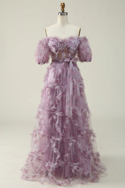 Amzcw A Line Off the Shoulder Purple Long Prom Dress with Printing