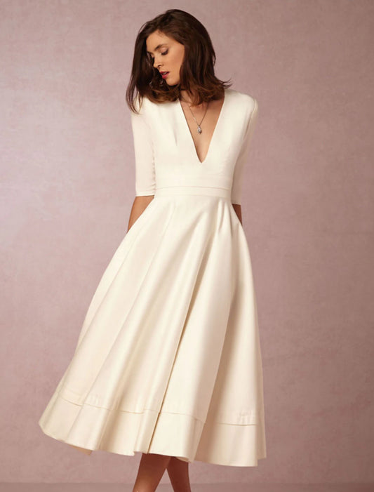 A-Line Special Occasion Dresses Party Dress Holiday Tea Length Half Sleeve V Neck Pocket Jersey with Pleats