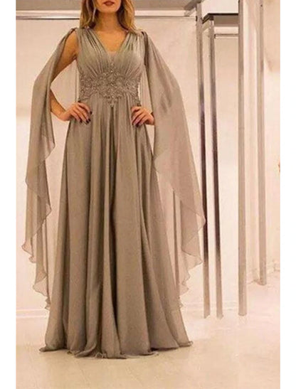 A-Line Mother of the Bride Dresses Plus Size Hide Belly Curve Open Back Fall Wedding Guest Dresses Formal Floor Length Short Sleeve V Neck Chiffon with Pleats Beading