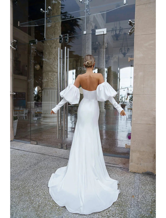 Hall Casual Wedding Dresses Mermaid / Trumpet Off Shoulder Long Sleeve Court Train Satin Bridal Gowns With Ruched Solid Color