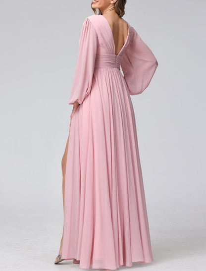 A-Line Bridesmaid Dress V Neck Long Sleeve Pink Floor Length Chiffon with Split Front / Ruching