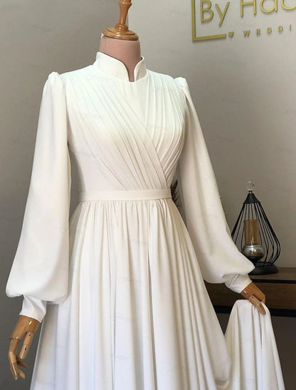 Hall Vintage 1940s / 1950s Casual Fall Wedding Dresses A-Line High Neck Long Sleeve Court Train Chiffon Bridal Gowns With Pleats Solid Color