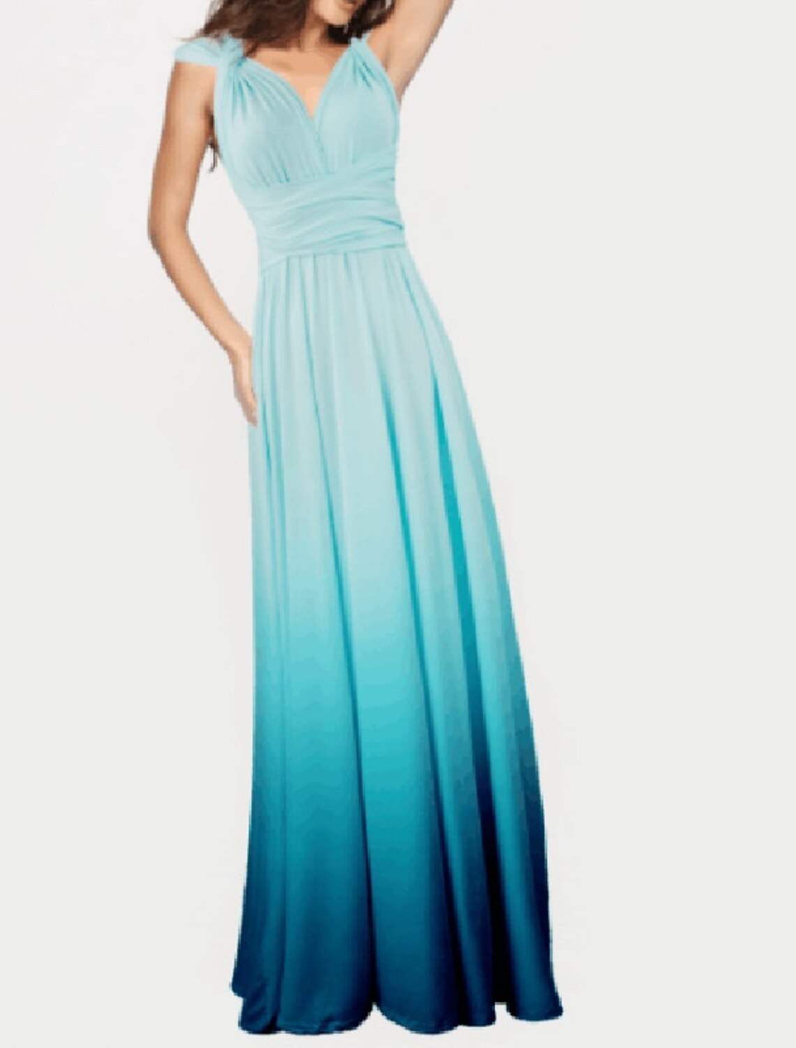 A-Line Ombre Engagement Prom Dress V Neck Backless Crisscross Back Sleeveless Floor Length Jersey with Criss Cross Ruched