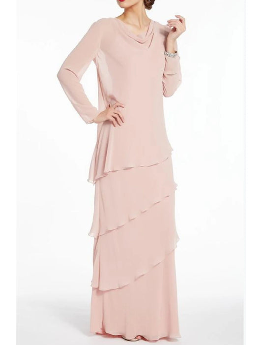 Sheath / Column Mother of the Bride Dress Elegant Jewel Neck Floor Length Chiffon Long Sleeve with Ruffles