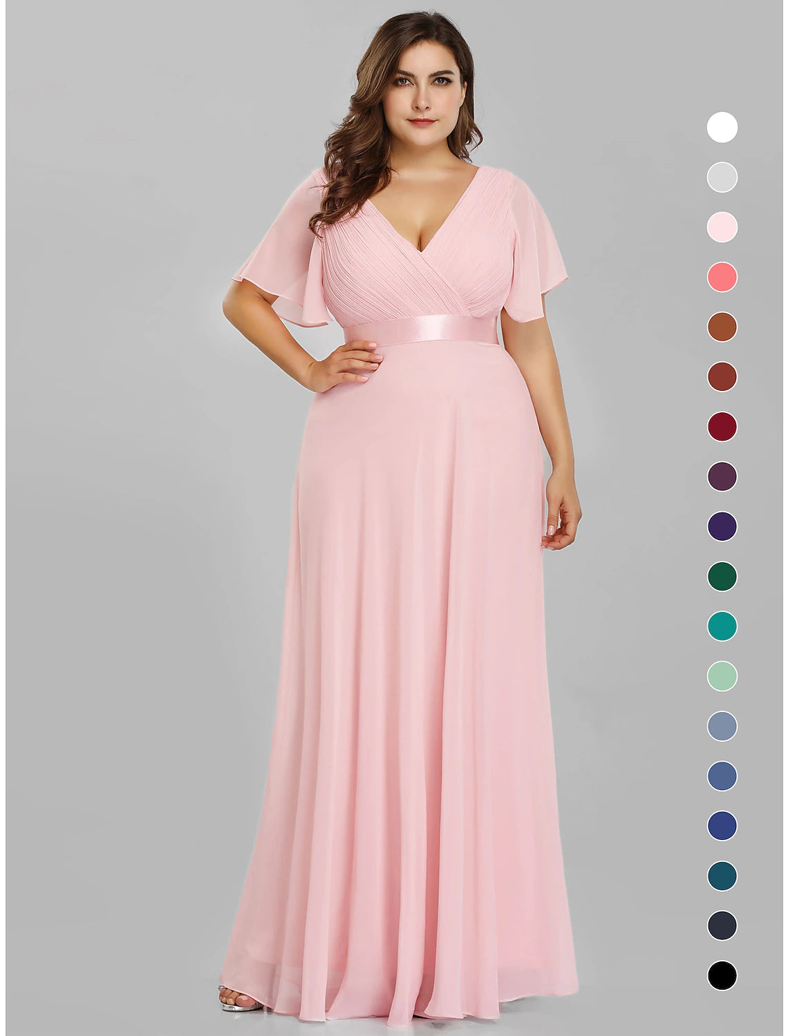 A-Line Empire Fall Wedding Guest Dress For Bridesmaid Plus Size Formal Evening Dress V Neck Short Sleeve Floor Length Chiffon with Pleats Ruched