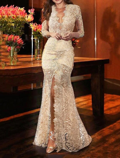 Mermaid / Trumpet Evening Gown Sexy Dress Formal Wedding Guest Sweep / Brush Train Long Sleeve V Neck Fall Wedding Reception Lace with Slit Appliques