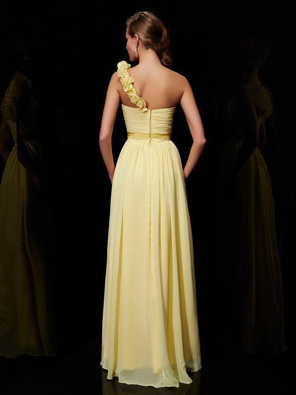 A-Line/Princess One-Shoulder Sleeveless Hand-Made Flower Long Chiffon Bridesmaid Dresses