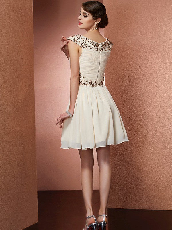 A-Line/Princess Scoop Sleeveless Beading Applique Short Chiffon Bridesmaid Dresses