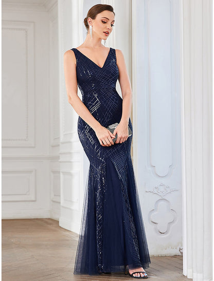 A-Line Party Dresses Elegant Dress Wedding Guest Floor Length Sleeveless V Neck Tulle with Sequin