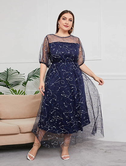 Plus Size Curve Mother of the Bride Dress Party Sparkle & Shine Scoop Neck Ankle Length Tulle Half Sleeve with Sequin Embroidery