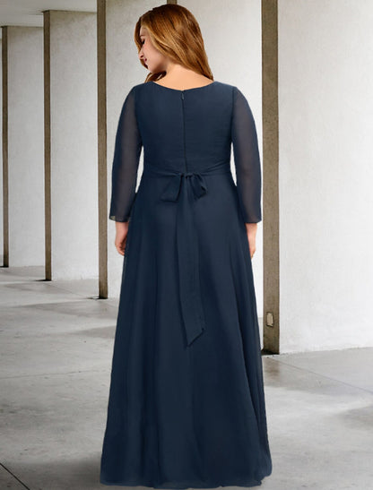 A-Line Plus Size Curve Mother of the Bride Dresses Elegant Dress Formal Asymmetrical Long Sleeve V Neck Chiffon with Pleats Crystals