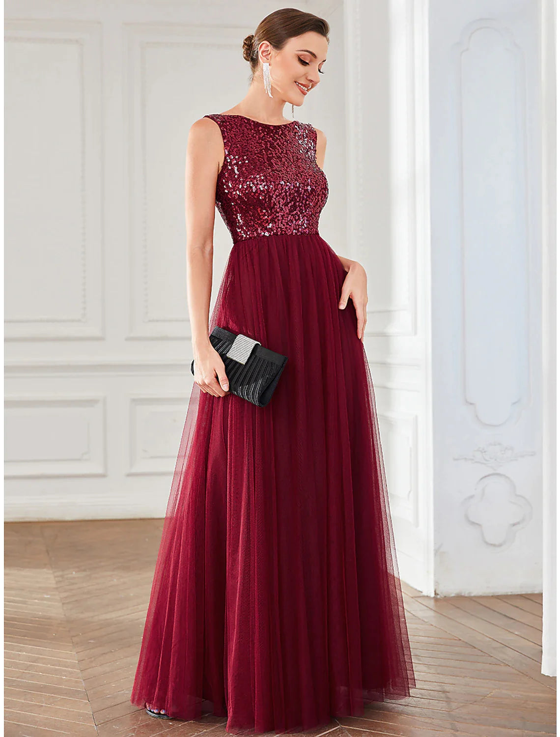 A-Line Party Dresses Elegant Dress Wedding Guest Floor Length Sleeveless Jewel Neck Tulle with Sequin