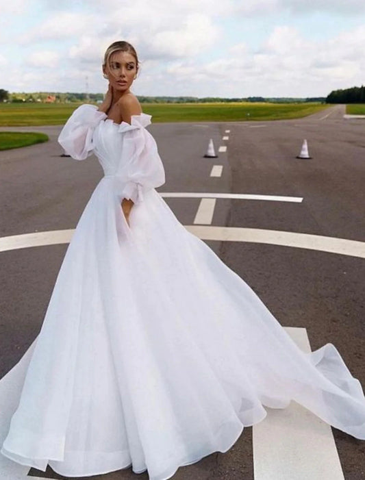 Beach Casual Wedding Dresses A-Line Off Shoulder Long Sleeve Court Train Organza Bridal Gowns With