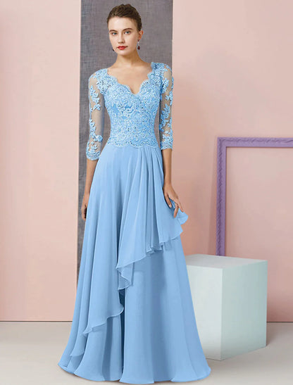 Two Piece A-Line Mother of the Bride Dress Formal Wedding Guest Party Elegant V Neck Floor Length Chiffon Lace Half Sleeve Wrap Included with Beading Sequin Appliques