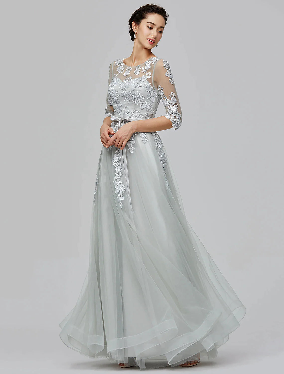 A-Line Empire Dress Wedding Guest Floor Length Half Sleeve Illusion Neck Tulle with Bow(s) Appliques