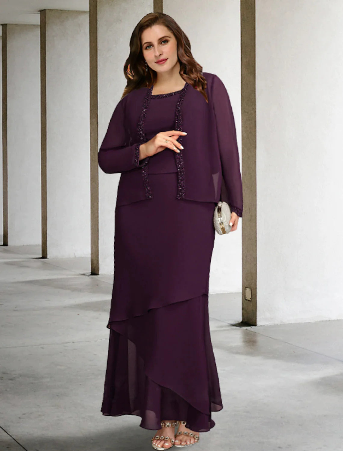 Two Piece A-Line Plus Size Curve Mother of the Bride Dresses Elegant Dress Formal Ankle Length Sleeveless Square Neck Chiffon with Beading Ruffles