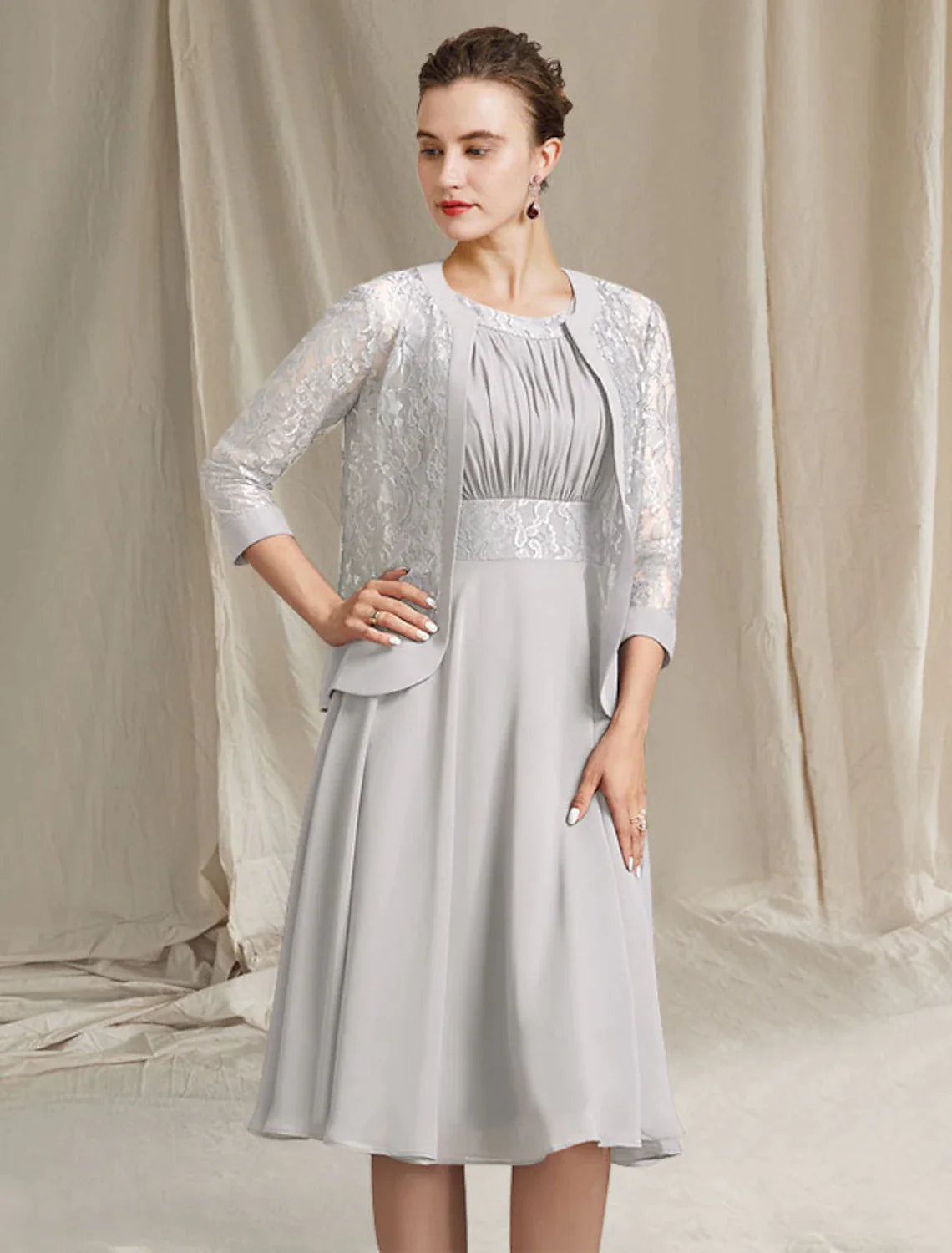 Two Piece A-Line Mother of the Bride Dress Church Elegant Jewel Neck Knee Length Chiffon Lace Sleeveless Wrap Included with Pleats Appliques