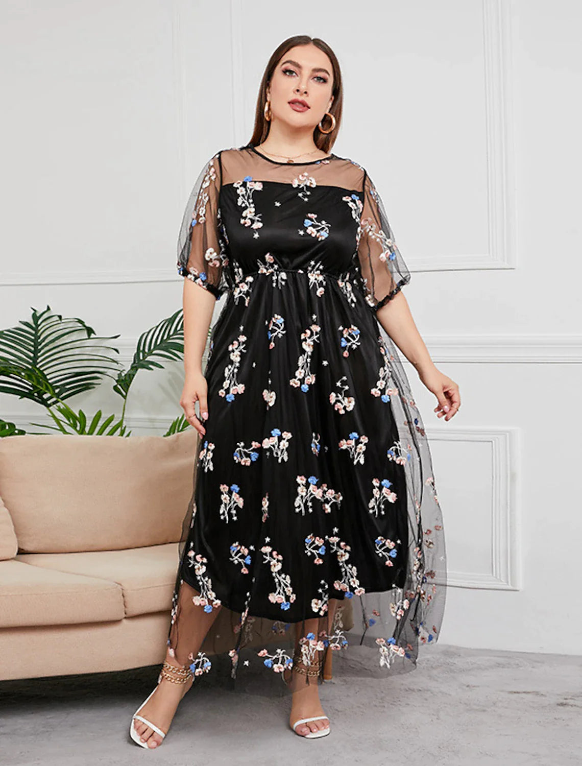Plus Size Curve Mother of the Bride Dress Party Sparkle & Shine Scoop Neck Ankle Length Tulle Half Sleeve with Sequin Embroidery