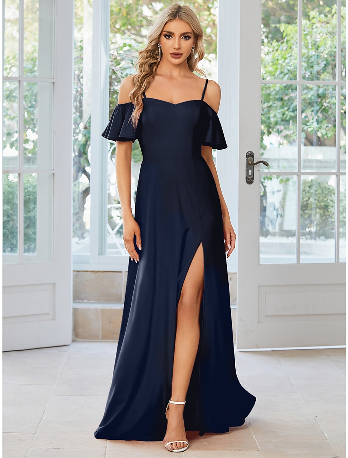 A-Line Wedding Guest Dresses Elegant Dress Formal Floor Length Short Sleeve Off Shoulder Stretch Fabric with Slit