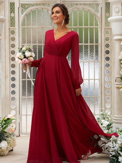 A-Line/Princess Chiffon Ruched V-neck Long Sleeves Floor-Length Bridesmaid Dresses