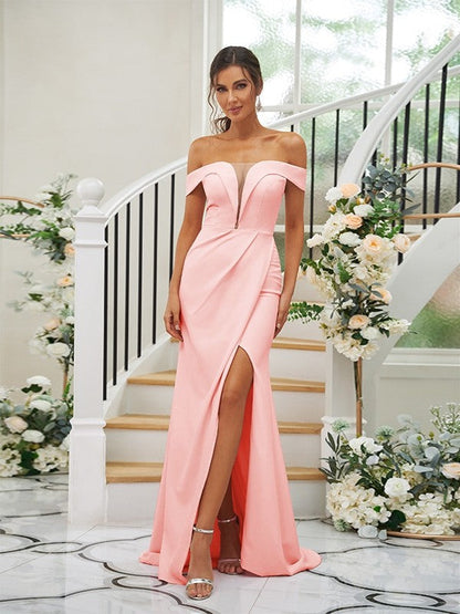 Sheath/Column Stretch Crepe Ruched Off-the-Shoulder Sleeveless Sweep/Brush Train Bridesmaid Dresses