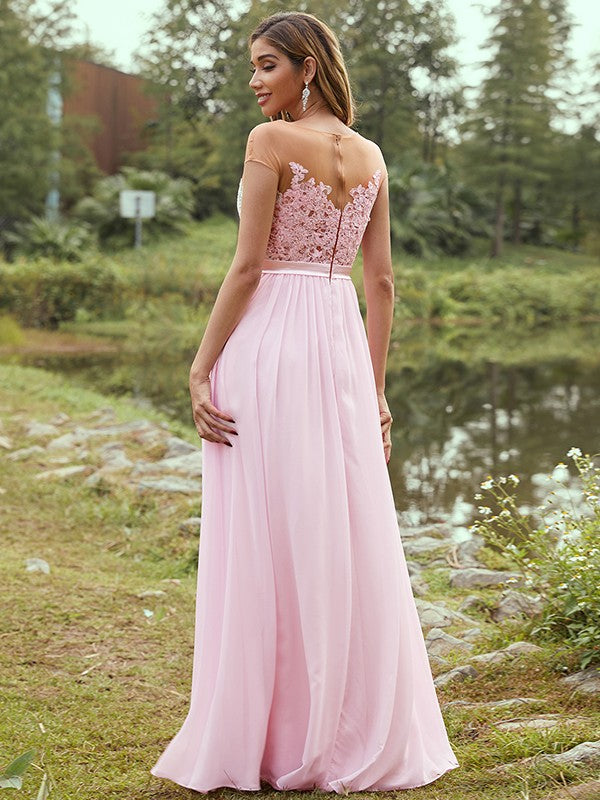 A-Line/Princess Chiffon Applique Scoop Short Sleeves Floor-Length Bridesmaid Dresses