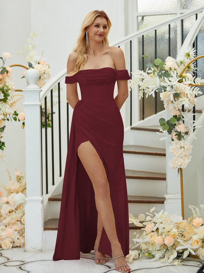 Sheath/Column Charmeuse Ruched Off-the-Shoulder Sleeveless Floor-Length Bridesmaid Dresses