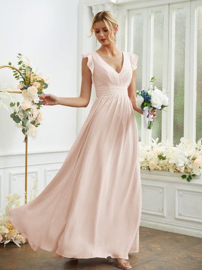 A-Line/Princess Chiffon Ruched V-neck Sleeveless Floor-Length Bridesmaid Dresses
