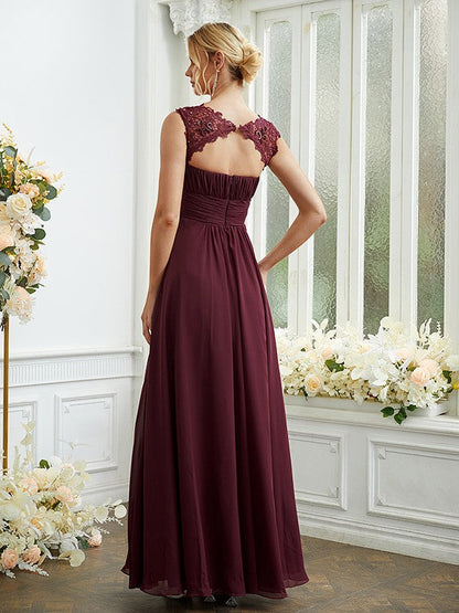 A-Line/Princess Chiffon Lace Scoop Sleeveless Floor-Length Bridesmaid Dresses