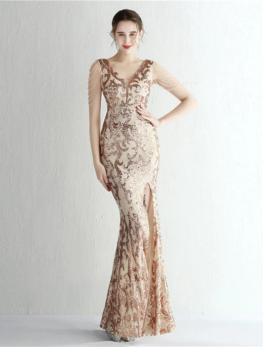 Mermaid / Trumpet Evening Gown Sparkle & Shine Dress Formal Floor Length Short Sleeve V Neck Sequined with Sequin Slit