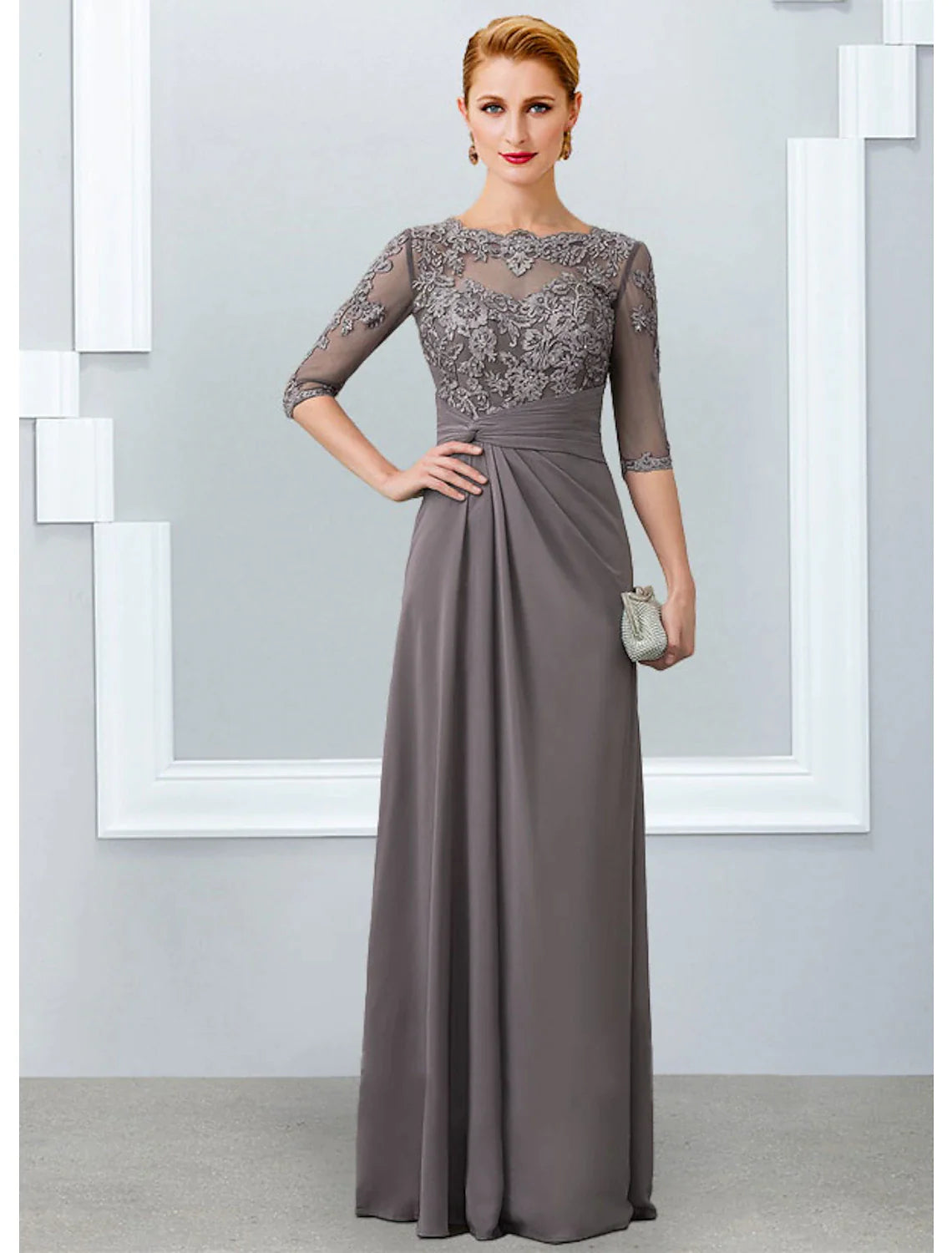 Sheath / Column Mother of the Bride Dress Elegant Jewel Neck Floor Length Chiffon Lace 3/4 Length Sleeve with Appliques