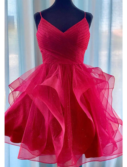 Ball Gown Homecoming Dresses Glittering Mini Dresses Puff Tiered Dresses Sleeveless Spaghetti Strap Tulle
