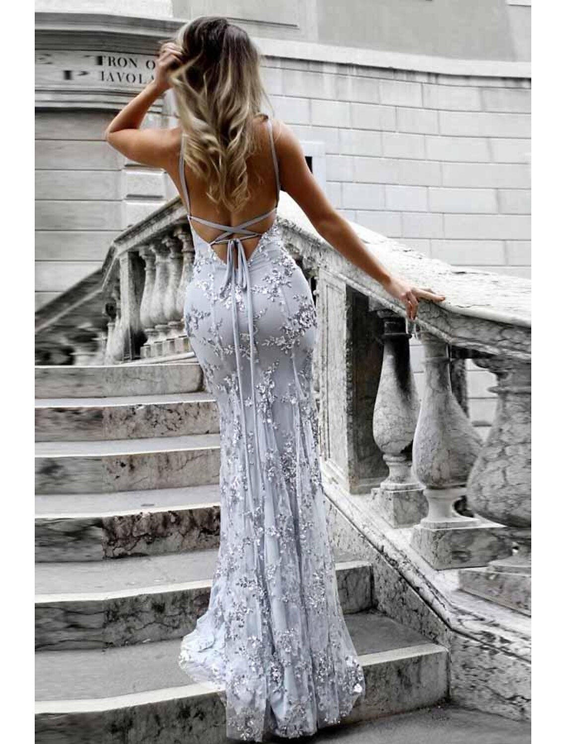 Mermaid / Trumpet Prom Dresses Sparkle & Shine Dress Formal Sweep / Brush Train Sleeveless V Neck Lace with Sequin