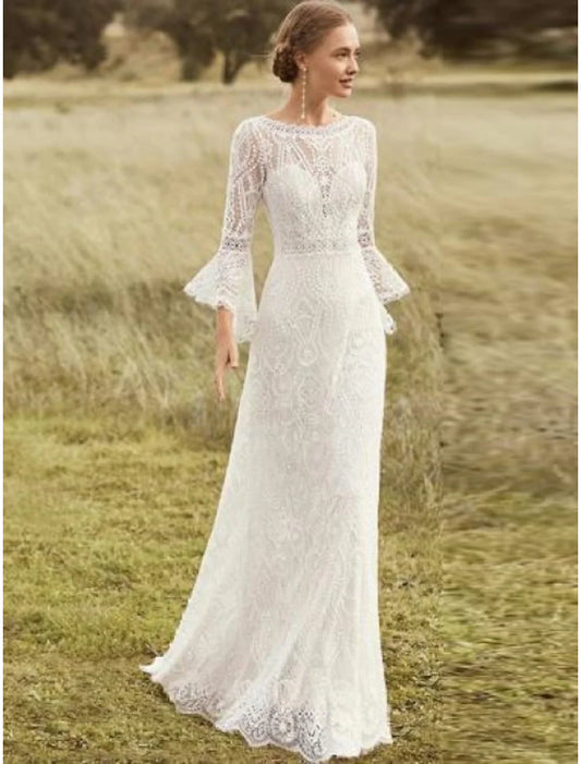 Beach Boho Wedding Dresses A-Line Scoop Neck Long Sleeve Sweep / Brush Train Lace Bridal Gowns With Lace