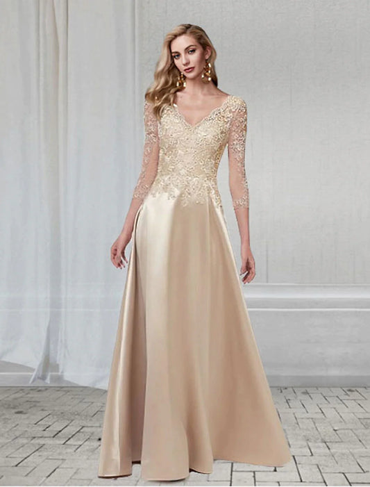 A-Line Elegant Wedding Guest Formal Evening Dress V Neck 3/4 Length Sleeve Floor Length Chiffon with Appliques