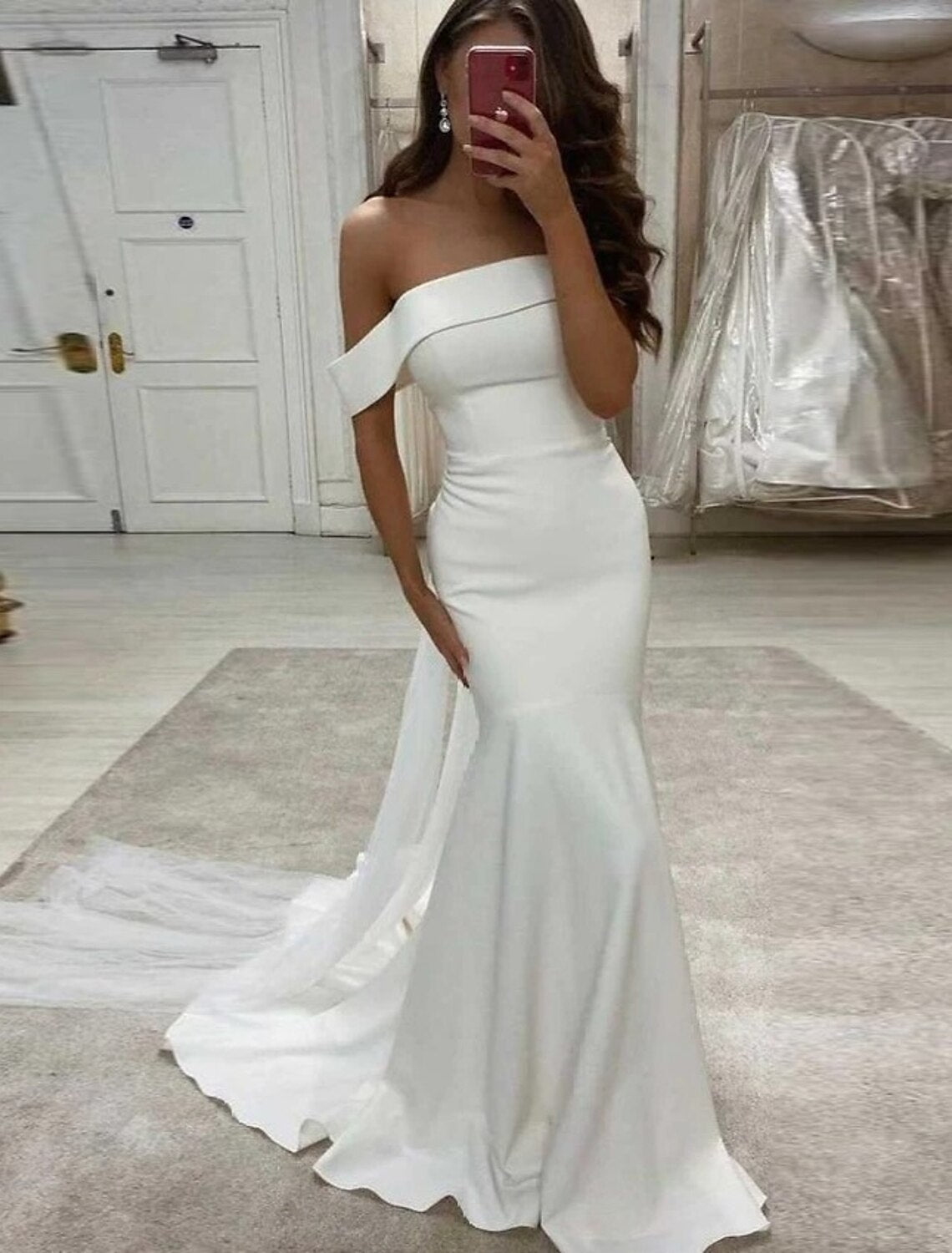 Reception Sexy Wedding Dresses Mermaid / Trumpet Off Shoulder Cap Sleeve Sweep / Brush Train Stretch Fabric Bridal Gowns With